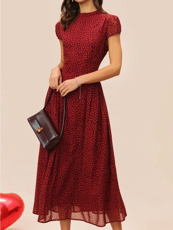 RIHOAS Dresses & Skirts - RIHOAS Burgundy Red Printed Midi Dress with Cap Sleeves